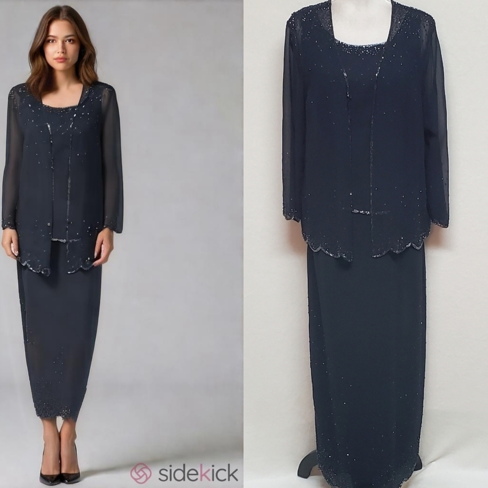 Vintage J Kara Navy Blue Chiffon Beaded Scalloped Maxi Dress Jacket Set 16